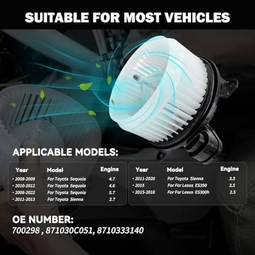 Image of 700298 Front AC Heater Blower Motor Fan Fit for Toyota Sienna 2011-2020 , Sequoia 2008-2022,for Lexus ES350 2015,ES300h 2015-2018 ,871030C051, 8710333140
