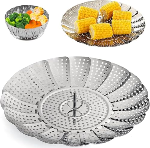 Kezidhp Cesta Vaporera Plegable de Acero Inoxidable, Inserto de Vapor Ajustable para Ollas, Extensible para Cocinar Pescados, Mariscos y Verduras - Ideal para Vaporizar en Casa