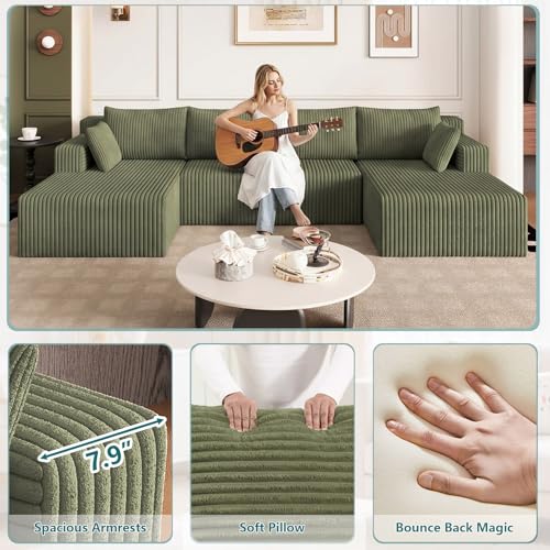 Image of 124 inch U-Shape Cloud Couch, Modern Modular Sectional U-Shape Sofa, Corduroy Boneless Couch Upholstered Couches Deep Seat Sleeper Chaise Longue for Living Room, No Assembly Required,Green