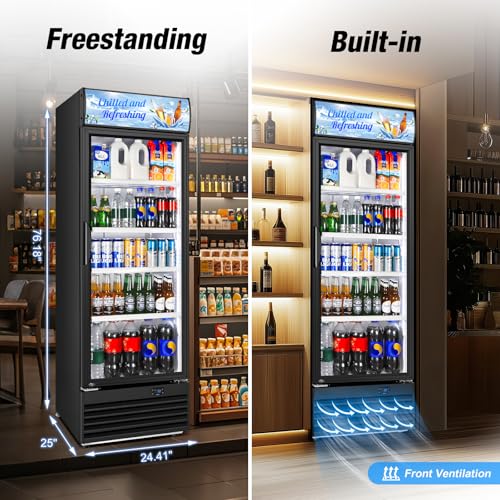 Image of Commercial Beverage Refrigerator, 24 Inch Beverage Fridge, 15 Cu. Ft. Drink Fridge, Display Refrigerator Glass Door, Commercial Display Fridge with Customizable Light Box for Shops, Restaurants, Bars