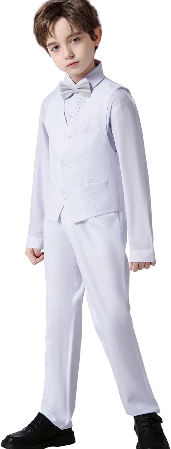 Boys' Suits Formal Slim Fit Tuxedo Boys Vest and Pants Set for Teens Dress Clothes Wedding Outfit with Tie and Bow Tie