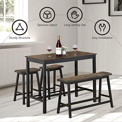 Costway 4-Piece Solid Wood Dining Table Set, Counter Height Dining Furniture With One Bench And Two Saddle Stools, Industrial Style, Ideal For Home, Kitchen, Living Room (Gray & Brown) #TOP4