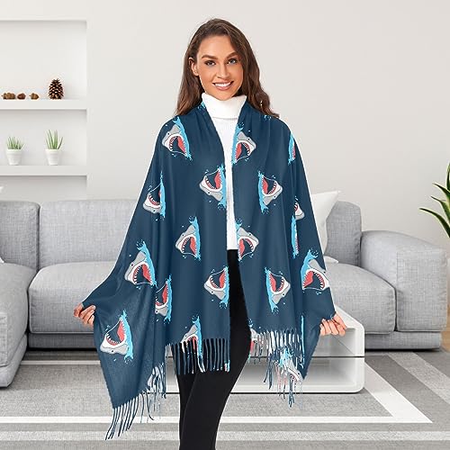 Women's Shark Scarf Pashmina Feel Shawls Wraps Fall Winter Warm Large Scarves Fashion Tassel Long Scarf4