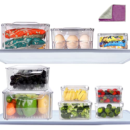 Masthome Lote de 9 Cajas de Almacenamiento para Nevera Transparente, apilable, bandejas de Almacenamiento para frigorífico, Cocina, despensa, armarios y encimeras - Enviar 1 paño de Limpieza Cover