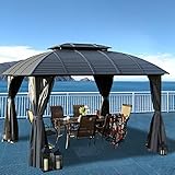 Kozyard 10ftx12ft Hardtop Aluminum Permanent Gazebo with a Mosquito Net Sidewall and Privacy Wall (Odyssey 10ftx12ft)