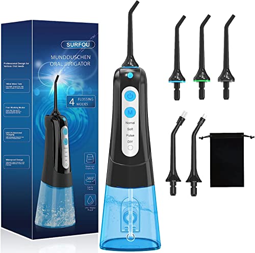 SURFOU Water Flosser, Cordless Oral Irrigator IPX7 Waterproof, Water Flossers for Teeth, Cordless USB Rechargeable 4 Modes 5 Jet Tips with 300ML Water Tank for Travel &Home Use