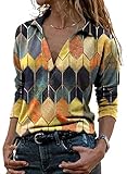 Damen Kariert Bluse Langarm Elegant Oberteil Flowy Locker V-Ausschnitt Tunika Tops Hemd T-Shirt