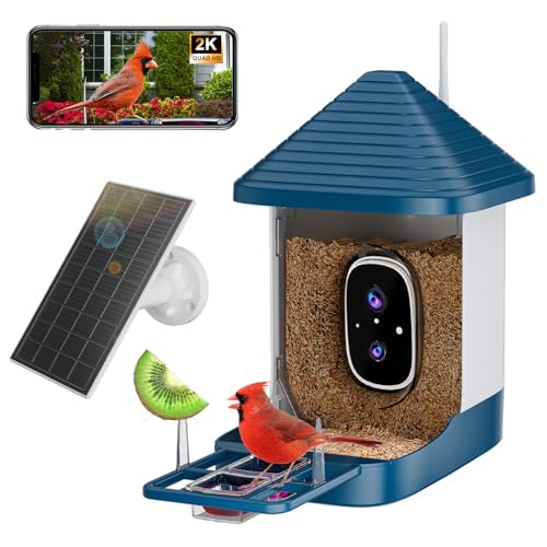 Bird Feeder with Camera, Smart AI Bird Identification & Solar Panel,2K HD Live View Instant Alerts, Auto Capture, Weatherproof Outdoors Garden Camera, for Birds Lovers