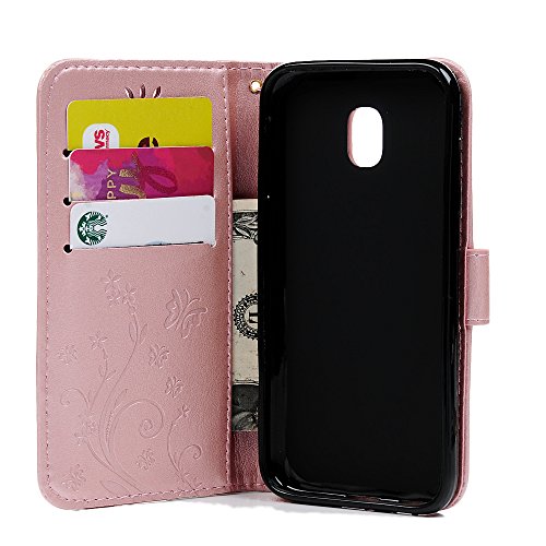 YOKIRIN J3 Pro Lederhülle Wallet Case für Samsung Galaxy J3 2017 PU Handyhülle Flipcase Ständer Case Schale Bookstyle Schutzhülle Tasche Magnetverschluß Karteneinschub Handschlaufe Schmetterling Rosa – Bild 3