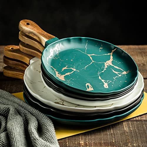 Nordic Creative Ceramic Fruit Bowl & Steak Plate Set with Wooden Handle - 2-Piece Flat Serving Plates for Home Dining, Western Food Presentation, Stylish Tableware