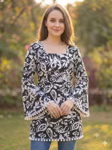 Image of Women's Premium Viscose Rayon Floral Printed Short Kurti | Stylish Bell Sleeves with Pom-Pom Lace | Tunic Top for Jeans & Office Wear