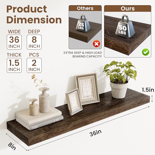 Image of Acovy Extra Deep 36 inch Long Rustic Solid Wood Floating Shelves for Wall, Wall Shelves with Invisible Bracket for Living Room Bathroom Bedroom Kitchen, Set of 2, Walnut