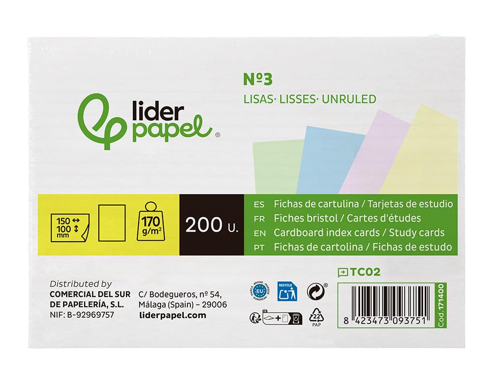 Leaderpapel Card for Studying Plain Coloured cardstock 170 g/m2 100x150 mm Pack of 200 Units.