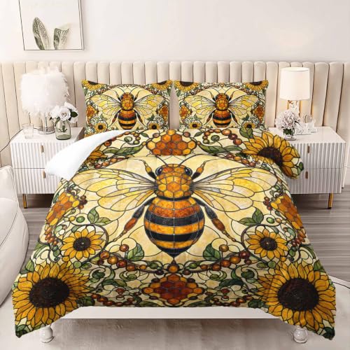 Image of AILONEN Full Comforter Set 3 Piece, Honey Bee Sunflower 3D Printed Bedding with 2 Pillowcases, Soft Breathable Microfiber Farmhouse Decor for Guest Room