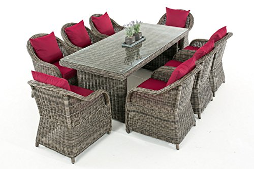 Mendler Garten-Garnitur CP071 XL, Sitzgruppe Lounge-Garnitur Poly-Rattan ~ Kissen rubinrot, grau-meliert