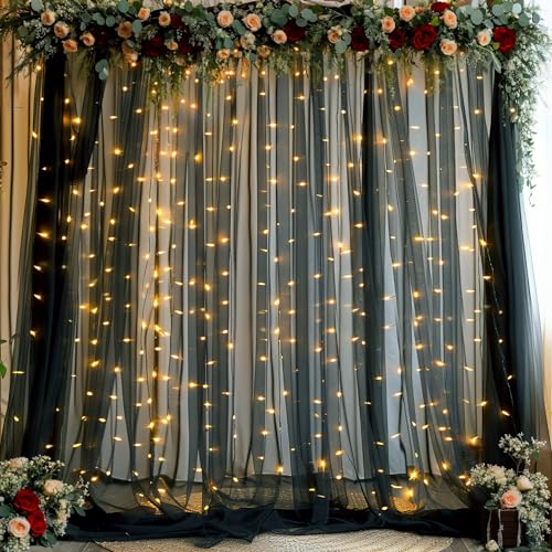 Black Backdrop Curtains with Lights String for Parties Wedding Bridal Shower 10×10ft Sheer Tulle Backdrop Curtain Panels for Baby Shower Birthday Party Photo Shoot Background Wall Decorations
