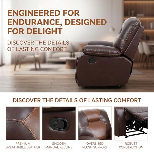Image of Single Leather Manual Recliner Chair, Oversized Lazy Boy Recliner with Home Theater Seating, Breathable Living Room Reclining Chair for Adults Reading, Gaming, Relax, Brown