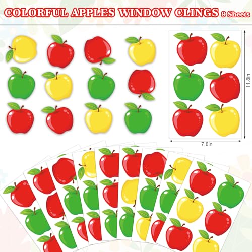 Image of Whaline 9 Sheet Back to School Window Clings Colorful Cartoon Apples Reusable Window Decals for First Day of School Party Supplies Classroom Nursery Home Glass Decor