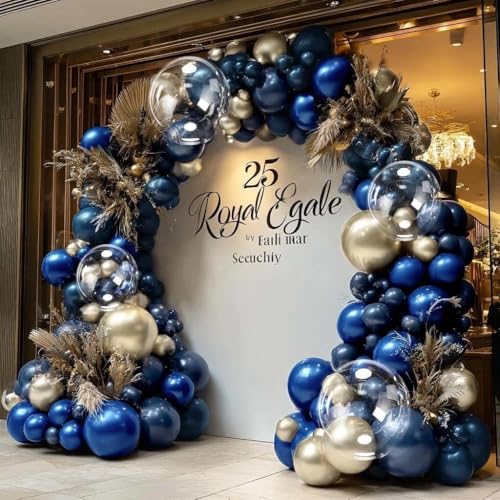 Image of Royal Blue Gold Balloon Arch Double Stuffed Latex Bobo Pearl Gold Balloon Garland Navy Ruby Blue Balloons for Birthday Baby Shower Graduation Wedding Prom Business Opening Party Decor