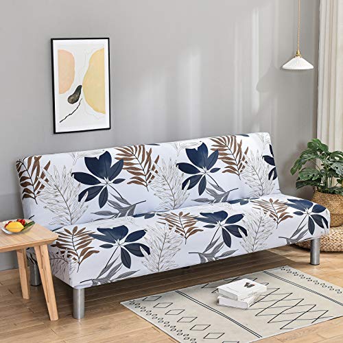 MIFXIN Armless Sofa Cover Futon Slipcover Stretch Elastic Polyester Folding Sofa Bed Non-Armrest Couch Furniture Protector Spandex Printed Washable Sofa Cover Without Armrests (Grey Blue Leaf) - Image 4