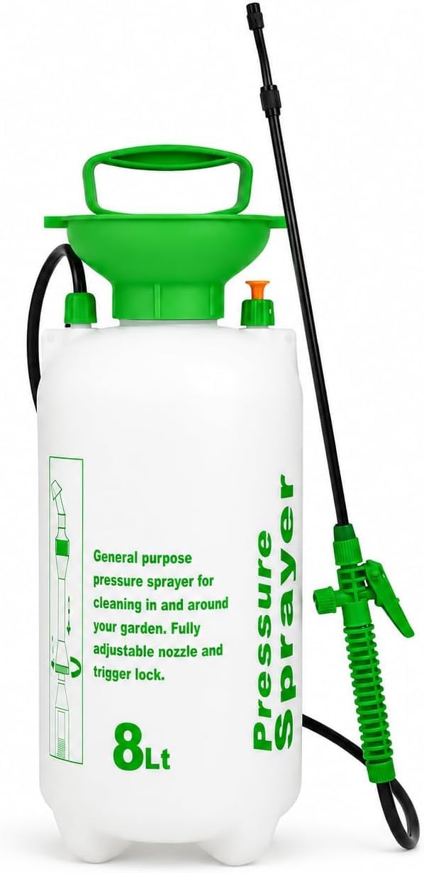 RIMEX 8L Garden Pressure Sprayer Bottle – Hand Pump Action Water Sprayer with Adjustable Nozzle for Weed Control, Cleaning & Plant Watering – High Pressure Portable Spray Bottle (8 Litre)