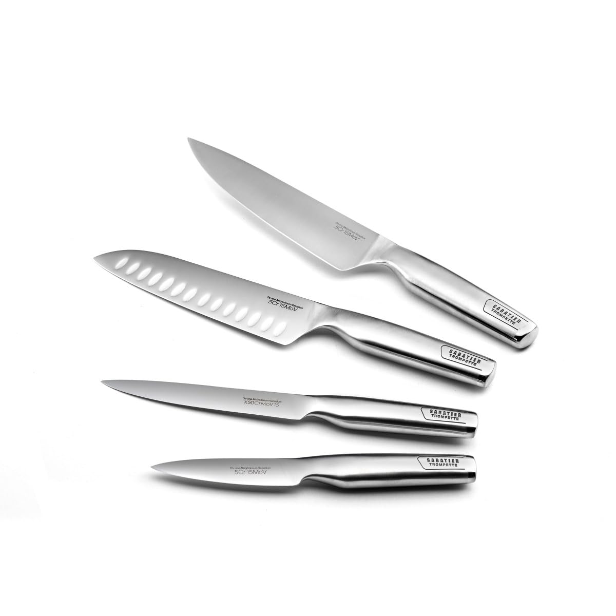 SABATIER TROMPETTE - Bloc tiges spaghetti rond avec 4 couteaux de cuisine : Utile, Office, Chef, Santoku - Asean - Acier 5Cr15MoV finition satinée manche tout inox - H 22 x D 11 cm - Inox