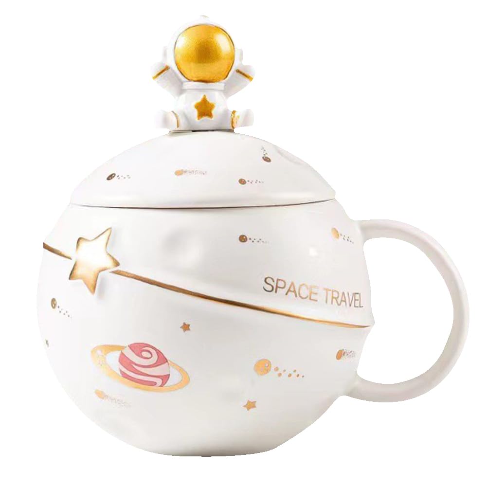 Space Embossed Planet Ceramic Mug Astronaut Cup with Lid and Spoon, Cute Novelty Mug for Coffee, Tea, Milk, funny Gift for family and friends, office, birthday, Christmas novelty gift (white)