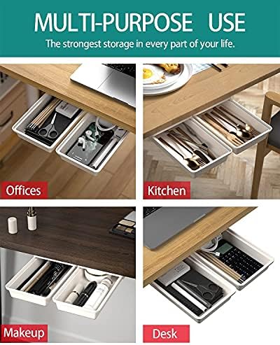 SVNNELP Hidden Under Table Desk Drawer Storage Organizer 2 Pack,Self-Adhesive Under Office Desktop Pencil Tray Drawer,Under Table Storage Tray Drawer for Kitchen 2