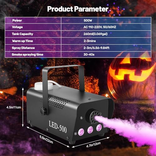 Image of DaBeatz Fog Machine 500W with 13 RGB LED Colors & Indicator Light, Includes 2 Wireless Remote Controls - Party Smoke Machine for Halloween, Weddings, Festivals & Indoor and outdoor Event