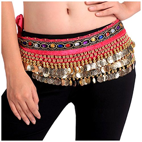 Image of VRITRAZ Women's Chiffon Belly Dance Hip Scarf Waistband Belt Skirt Mixed Colors Beads and Golded Coins 56 Black