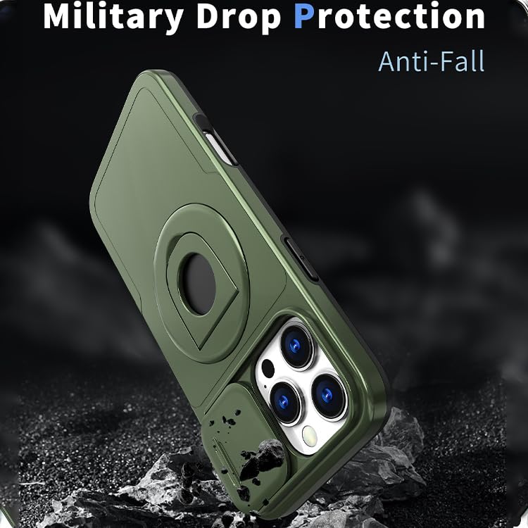 Image of LuxuryKase MagSafe Shockproof Rugged Back Case for iPhone 16 Pro | Finger Ring Kickstand & Sliding Camera Cover | Military Drop Protection | Wireless Charging Support - Green