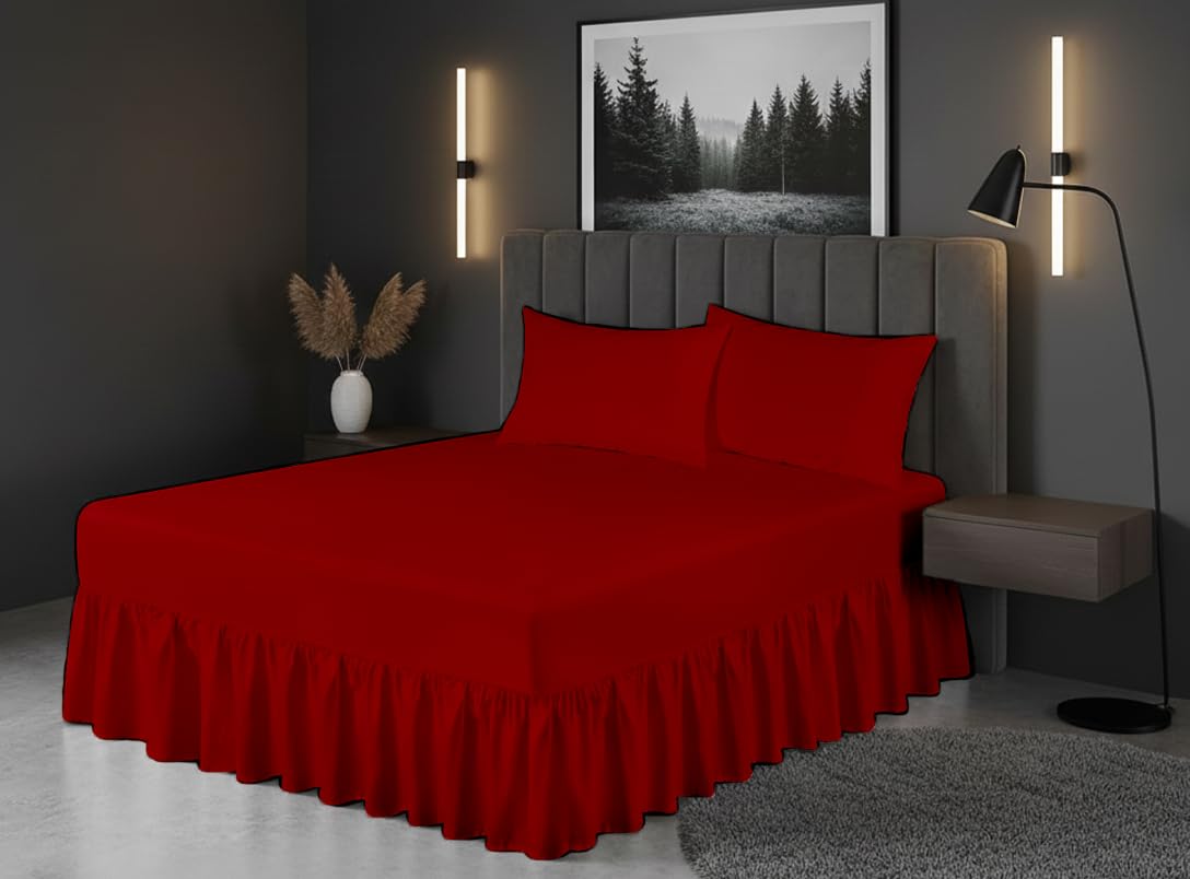 Luxury Polycotton Fitted Valance Sheet – Plain Dyed Bed Skirt Platform Base Cover, Easy Care, Wrinkle Resistant, (Red, King)