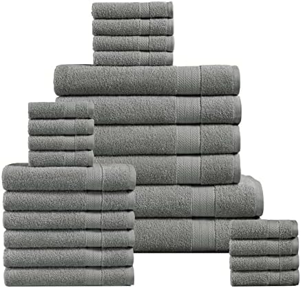 Space Grey Bath Towels for Bathroom Set - 100% Cotton 24 PC Towels Set, Highly Absorbent Bathroom Towel Set, 2 Oversize Bath Sheets, 4 Gray Bath Towels, 6 Hand Towels, 8 Wash Cloths,4 Fingertip Towels