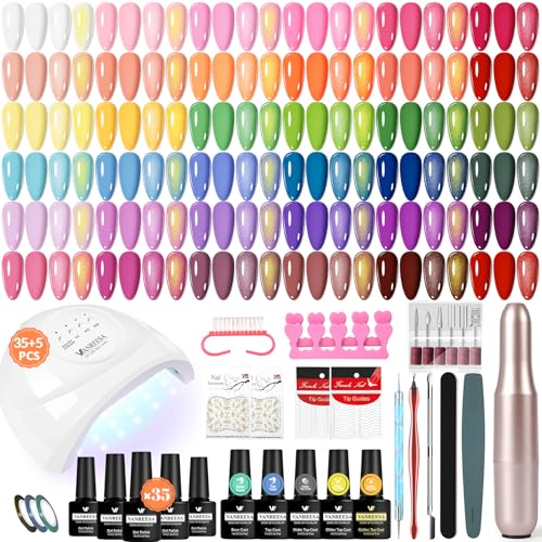 VANREESA 35+5 Gel Nail Polish Set with Drill and Lamp 35 Colours Pink Red Orange Purple Summer Colours Gel Nail Kit Starter Kit with Glitter Golden Top Coat Complete Manicure Tools Gifts for Women