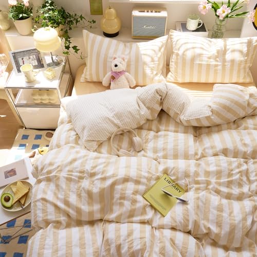 Image of EAVD Beige Striped Duvet Cover Queen Soft Washed Microfiber Striped Reversible Bedding Set with 2 Pillowcases Modern Farmhouse Geometric Pattern Duvet Cover with Zipper Closure