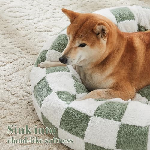 Checkered Dog Bed, Cute Sage Green Retro Style Aesthetic Round Warming Pet Calming Beds for Small Dog and Cats, Plush Cozy Donut Washable, 30" L x 30" W x 8" Th - Image 3