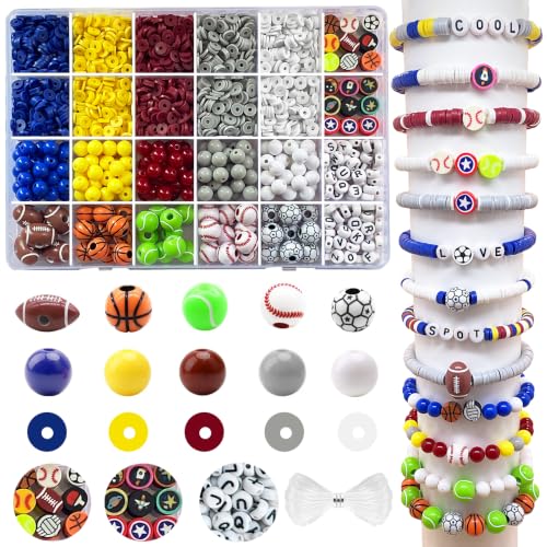 1888PCS Sports Ball Beads for Jewelry Making Acrylic Clay Beads for Bracelets Volleyball Softball Football Baseball Basketball Soccer Bead with Letter Bead for DIY Crafts