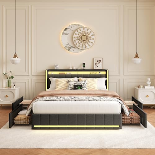 Polsterbett Doppelbett 160x200 cm, Stauraumbett mit 4 Schubladen, Bett 160x200 mit Bettkasten und Lattenrost, LED Kopfteil mit USB Ladestation, Jugendbett Funktionsbett Rückenlehne Bett, Leinen – Bild 4