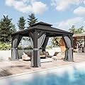 Aoxun 12' x 12' Permanent Hardtop Gazebo with Galvanized Steel Double Roof and Aluminum Frames Outdoor Large Pavilion Gazebo for Patio Deck Garden, Nettings and Curtains Included, Gray