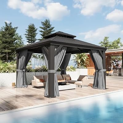 Aoxun 12' x 12' Permanent Hardtop Gazebo with Galvanized Steel Double Roof and Aluminum Frames Outdoor Large Pavilion Gazebo for Patio Deck Garden, Nettings and Curtains Included, Gray