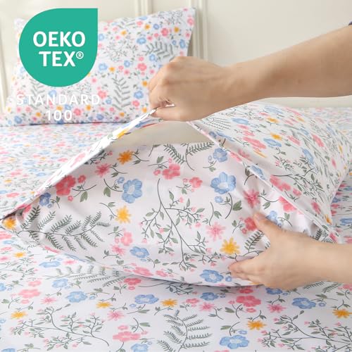 Image of MUXHOMO Queen Size 4 Piece Sheet Set, Soft & Breathable Sheet for Bedroom with Deep Pocket Up to 16 inch, Wrinkle-Free & Cooling Bed Sheet with Flat Sheet, Fitted Sheet & Pillowcases - Colorful Flower