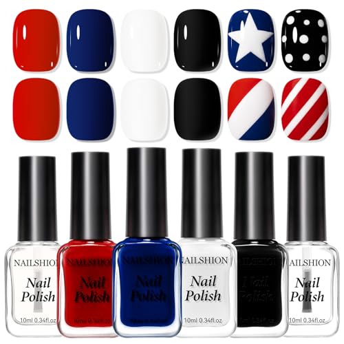 Nailshion 4th of July Nail Polish Set Patriotic Red Blue White Black Nail Polishes with Clear Base Top Coat Quick Dry DIY Nail Art USA Flag Makeup for Independence Day 250 Anniversary Memorial Day