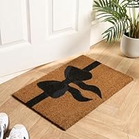 OHS Washable Door Mats Indoor & Outdoor Bow Print, Non-Slippery Heavy Duty Stylish Entrance Coir Door Mat Perfect Dirt Trapping Doormats, Natural/Black - 40 x 60cm