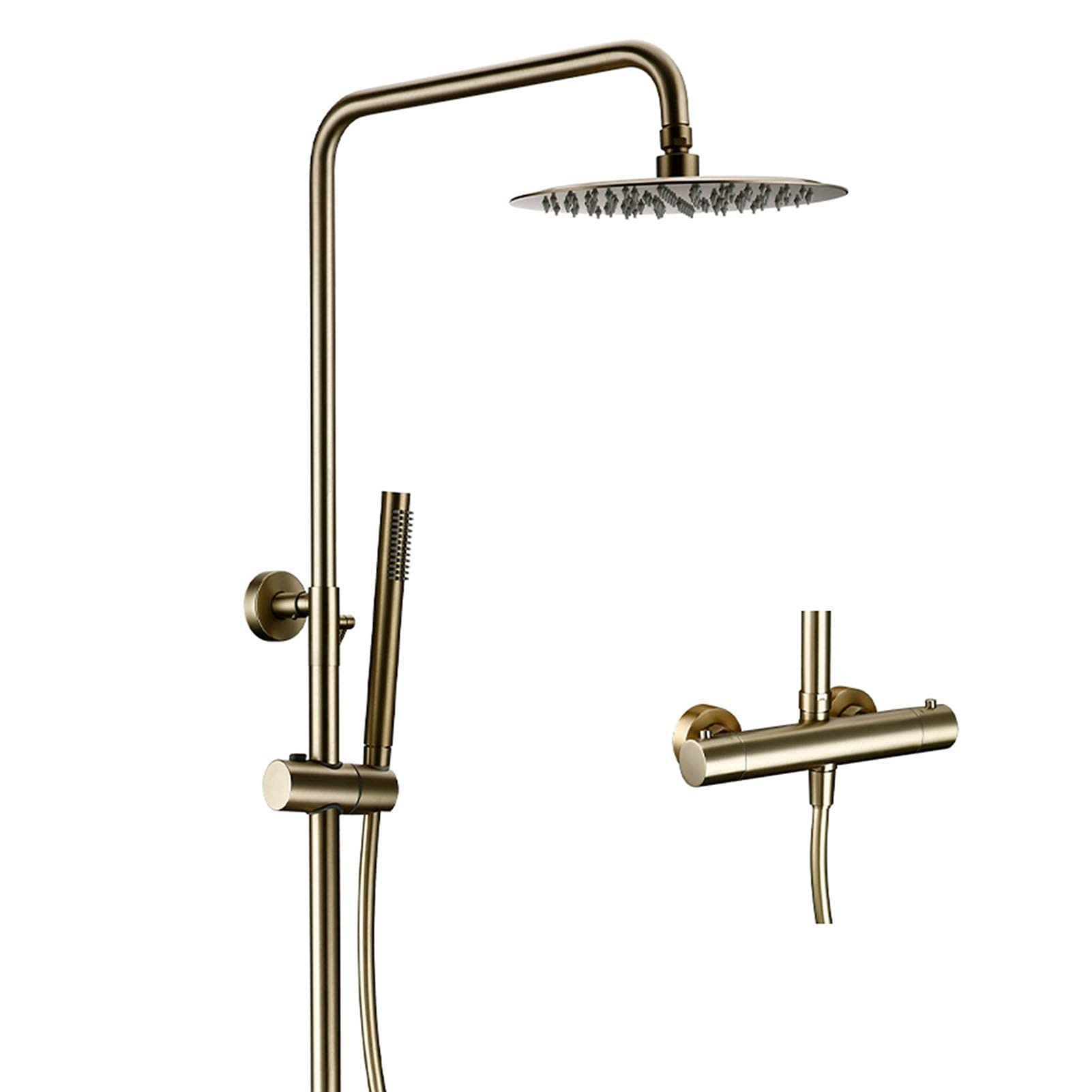 AYCDL Thermostaic Shower Faucet Set Brushed Gold, 10Inch Rainfall Shower Head with Handheld Shower, Brass Exposed Mixer Shower System, Wall Mounted Shower System