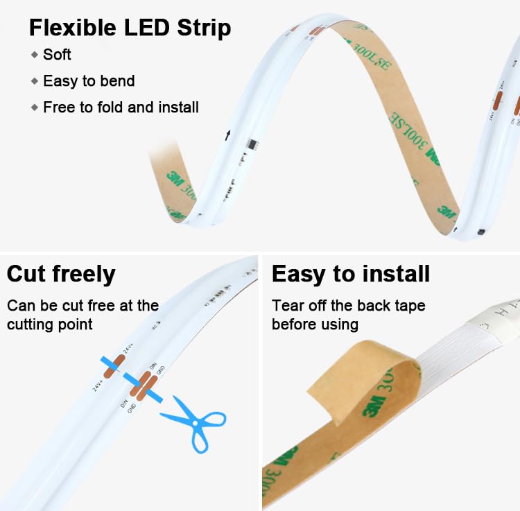 Image of COB FCOB LED Strip High Density Even RGB Dream Color Light Addressable WS2811 720LED /m DC12V /24V for House Indoor Decoration (3.2FT 720LED /M, White PCB DC24V)