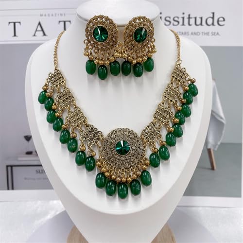 Indian Beaded Tassel Dangle Drop Round CZ Stud Earrings Choker Necklace Set Adjustable Chain for Women Gold Plated Bollywood Uniqie Fashion Trendy Jewelry (Green) by NewZenro - Used condition - Image 3