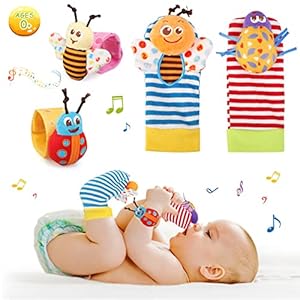 Ballery Sonajeros de Muñeca Bebe Sonajero de Pies y Manos, 4pcs Sonajeros Muñecas, Sonajero Calcetines y Muñequeras para Bebé Juguetes para Recién Nacidos Niños 0-6 Meses