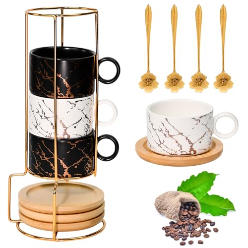 WEFHEF 4 Pcs Tasse à Café en Céramique, Petit Tasse Cappuccino 180ml, Verre Latte Macchiato avec Support, Sous-Tasse et Cuillère, Mug Expresso en Motif...