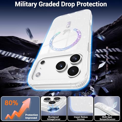 Image of DOMAVER for iPhone 17 Pro Case Glitter, Magnetic Case Compatible with MagSafe, Cute Slim Sparkle Bling Shockproof Protective Phone Cover for iPhone 17 Pro 6.3'', Clear