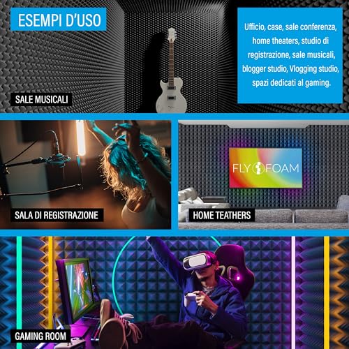 FLYFOAM | Akustikschaumstoff, selbstklebend, aus Polyurethanschaum, 10 Stück à 33 x 33 x 3 cm, Material D18, hohe Leistung für Absorption und Schalldämmung, hergestellt in Italien